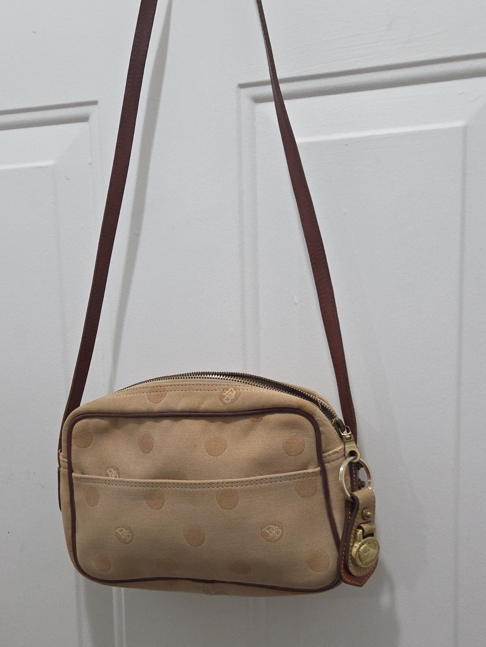 Dooney & Bourke Vintage Y2k Beige Polka Dot Bag with Brown Trim and Strap